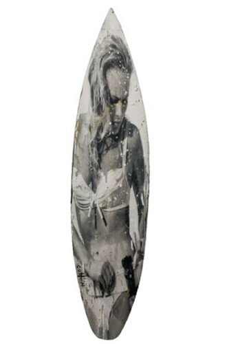 Andrew Cotton, Bond girl II, mixed media on surfboard, 73.50x19x1.75 in