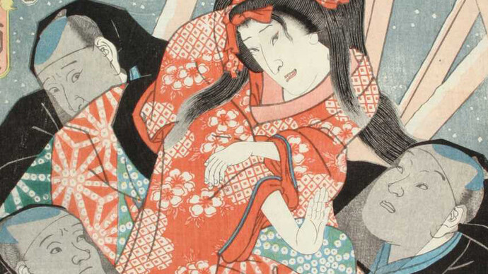 Utagawa Kunisada, Kabuki actors as a puppet of Yaoya Oshichi with puppet manipulators (detail), 1856. Courtesy of Norton Museum of Art