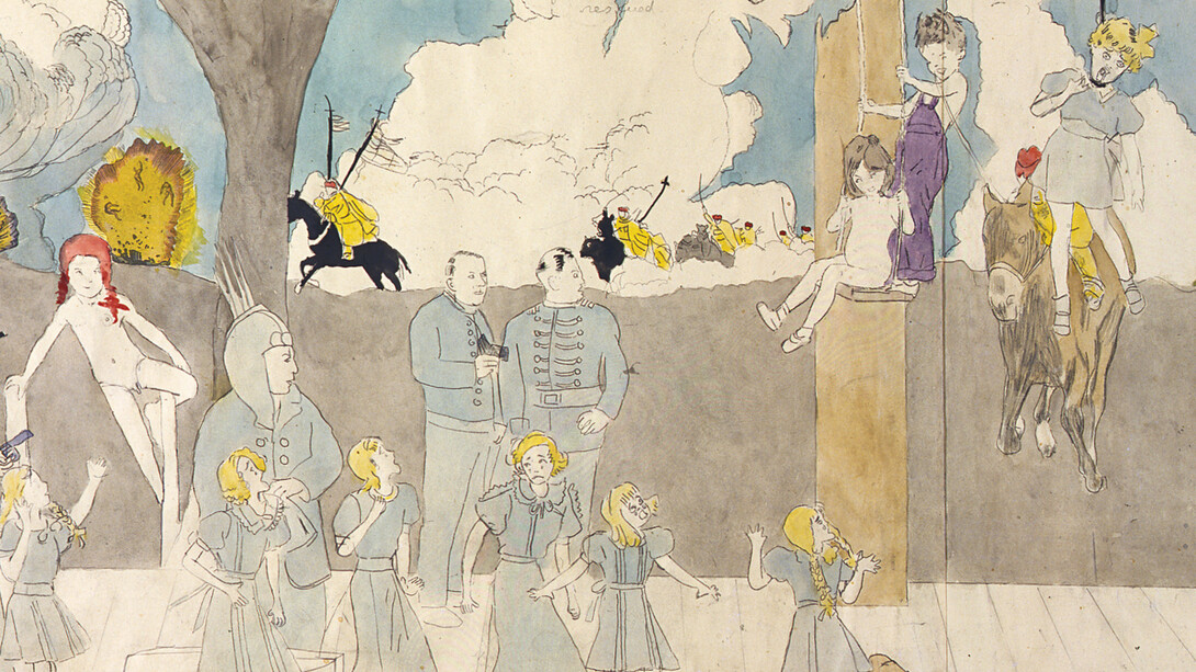 Henry Darger, At Wickey San Rinia – They are captured …, entre 1950 et 1960, gouache, mine de plomb et encre sur papier, 48 x 128 cm. Collection abcd