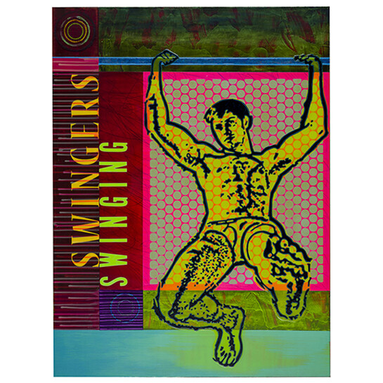 Tom Hill, Swingers Swinging, 2015, Acrylic and glitter on wood panel, 30”x40"