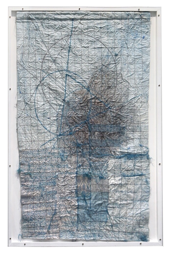 Maria Lai, Mappa celeste, 1991, filo e ricamo su tessuto 104 x 70 cm