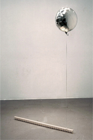 Anna Campbell, Vanishing Point, 2013 - 2014, balsa wood, mylar helium balloon, ribbon, nylon, 96 x 36 x 2 in
