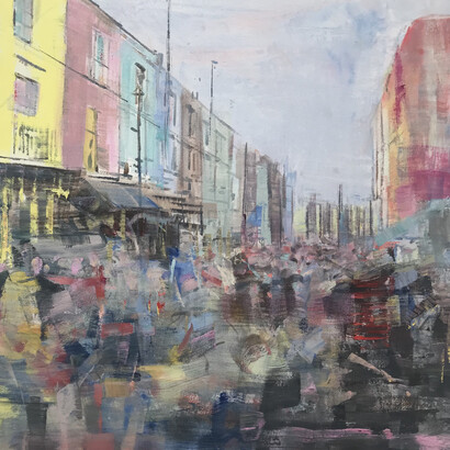 Oona Hassim, Portobello pre Covid, 2020, acrylic and oil on canvas, 61 x 61cm. 
Courtesy O.Hassim, Woolff Gallery. Photo: Lucid Plane.

