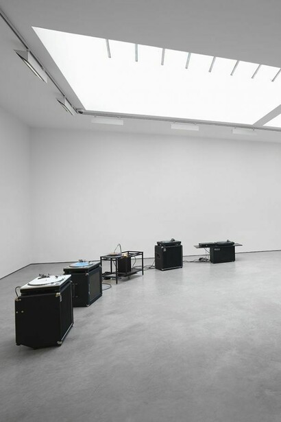 Haroon Mirza, Sitting in a Chamber, 2013, Installation View, Lisson Gallery, 2013, Monitor, cables, modified drawer, TV, copper tape, speakers, media player, foam, Courtesy the artist and Lisson Gallery