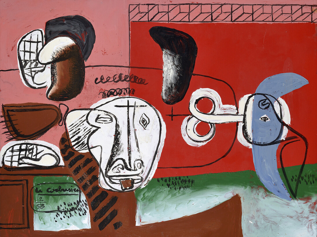 Taureau, 1956, Plaque en tôle émaillée (Œuvre unique, peinte à l'émail sur tôle par Le Corbusier et cuite dans les ateliers de Jean Martin à Luynes), 46 x 55 cm, Signé dans un encadré en bas à gauche : Le Corbusier / 2/56 Monogrammé et daté au dos : L-C 56 © Fondation Le Corbusier, Paris, 2015, Courtesy Galerie Eric Mouchet – Galerie Zlotowski