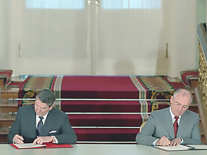 Reagan-Gorbachev historic handshake at Moscow Summit, June 1, 1988, sealing INF Treaty ratification