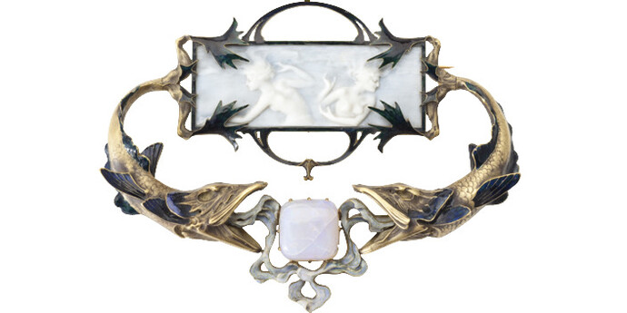 "Fishes" Brooch, René Lalique (1860-1945)1899 / 1900ParisGold with enamel, ivory and opal 11,5 x 15 cm
