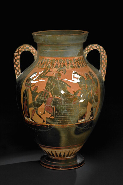 Pottery: black-figured amphora: the death of Priam. Greek, 550BC-540BC (circa). Vulci, Lazio, Italy. © The Trustees of the British Museum