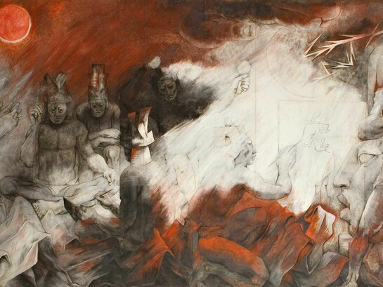 Popol Vuh, Oriente (1978), mural de Fernando Castro Pacheco en el Palacio de Gobierno de Yucatán. Esta obra expone al arte como testimonio de la resistencia histórica y la pluralidad cultural de la nación