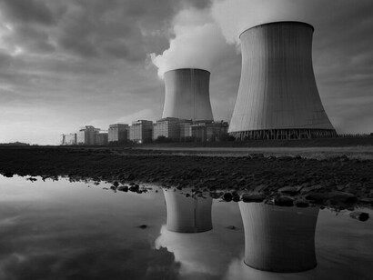 View of nuclear power plant with towers letting out steam from the process