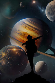 In the realm of fantasy astral, a person with opened hands stands in a captivating composition, embodying a sense of mystical connection and cosmic energy