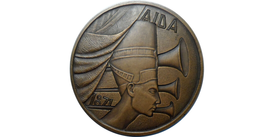 Piero Monassi, R/Aida, Anno di emissione: 1966, Stabilimento: Istituto Poligrafico e Zecca dello Stato, Roma, Bronzo fuso, mm. 180, Medagliere Ambrosiano, Fondo Monassi