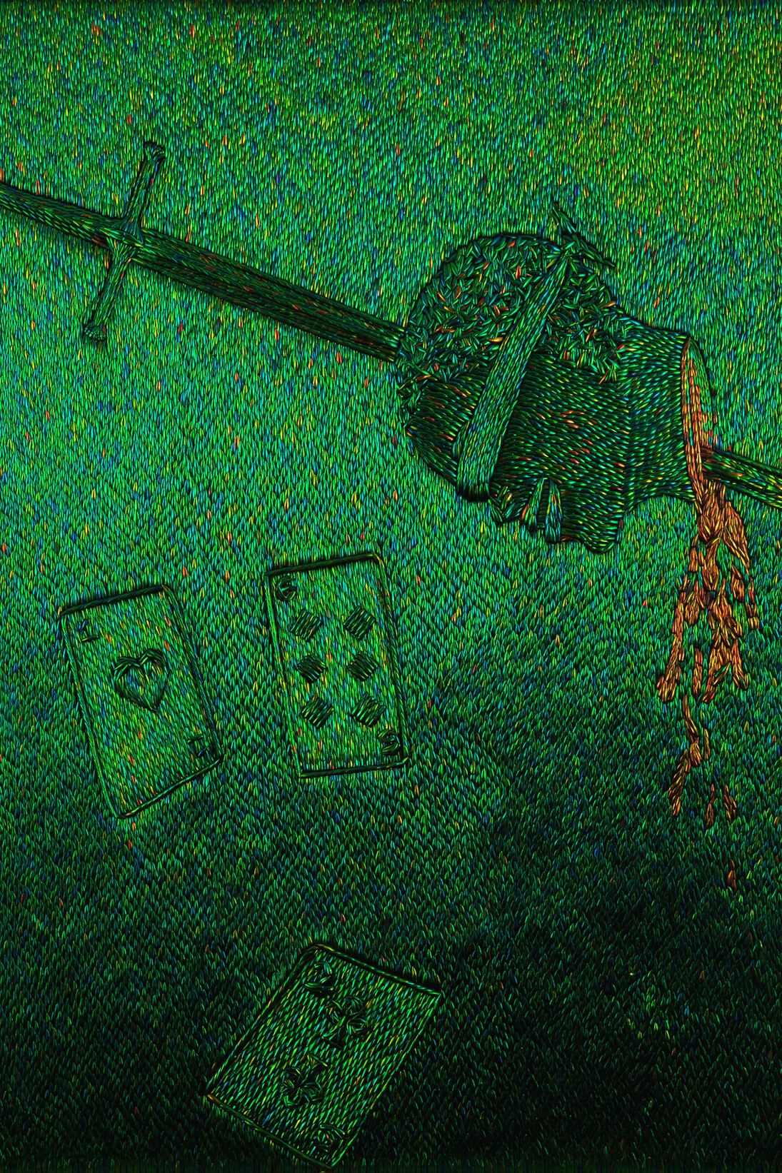 Jan Fabre, Gamble with Death, 2011, Elytres de coléoptères sur bois / beetle elytra on wooden panel, 227,5 x 173 cm, 89 5/8 x 68 1/8 in. unique, photo: Pat Verbrueggen, Courtesy Galerie Daniel Templon, Paris. © Angelos bvba