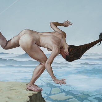 Erik Thor Sandberg, Toehold (detail), 2015, oil on curved panel, 36.25 x 71.25 inches.