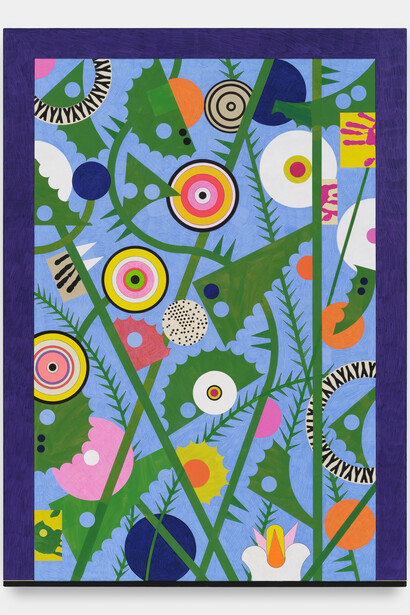 David Korty
Hearts and Bones, 2024. 
Flashe, pencil, ink, hahnemuhle paper, and collage on cotton 
canvas 
cantera stone, ceramic, 
72 x 52 in (182.9 x 132.1 cm). Courtesy of the artist and Night Gallery 