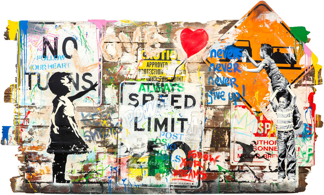 Mr. Brainwash (b. 1966) Pop Wall, 2023, Silkscreen and Mixed Media on Street Sign, Wood, and Brick Panel 54.75 x 90.50 in