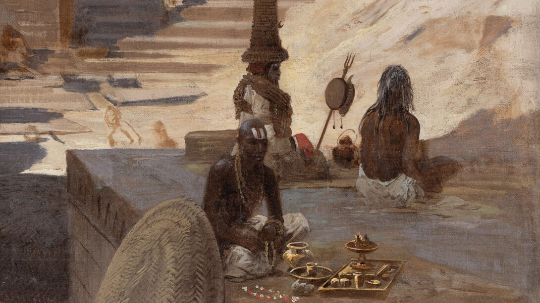 Ludwig Hans Fischer, A priest and two ascetics on the Ghats at Varanasi, India (detail), 1889. Courtesy of DAG