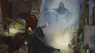 Scene from Goethe's Faust: The Appearance of the Spirit of the Earth by Edward Henry Corbould depicts a pivotal moment from Goethe's Faust, where Faust, in his search for deeper knowledge and experience, encounters the Spirit of the Earth