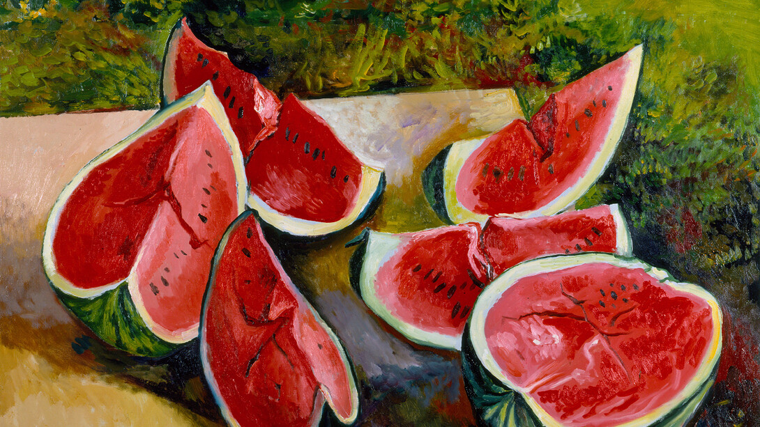 Renato Guttuso, Watermelons, 1986, Oil on canvas, 90 x 100 cm, Courtesy Galleria d’Arte Maggiore, Bologna
