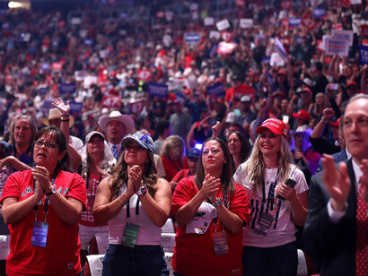 President Donald Trump addresses his supporters at the "Arizona for Trump" rally at Desert Diamond Arena in Glendale, Arizona, on August 23, 2024