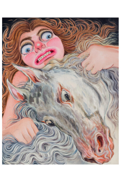 Rebecca Morgan, Self-Portrait Getting Back on the Horse (After Delacroix), 2023, oil on linen, 20x16 inches, photo by Etienne Frossard. Courtesy the artist and Asya Geisberg Gallery, NYC