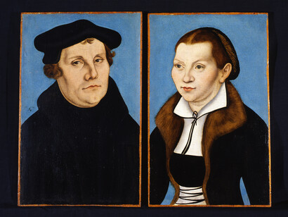 Lucas Cranach l’Ancien, Portrait de Martin Luther et sa femme, 1529, Technique mixte sur bois, H.37 ; L.23 cm, Florence, Galleria degli Uffi zi © Su concessione della SSPSAE e per il Polo Museale della città di Firenze