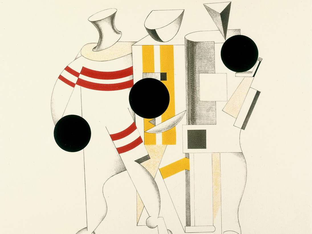 El Lissitzky, Sportsmen from The Three-Dimensional Design of the Electro-Mechanical Show 'Victory over the Sun', 1923, lithograph on paper. Van Abbemuseum, Eindhoven.