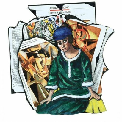 Red Grooms, Comrade Popova (Liubov Popova), 2013, watercolor, ink and magazine page mounted on illustration board, 14 1/4 x 14 x 1 inches