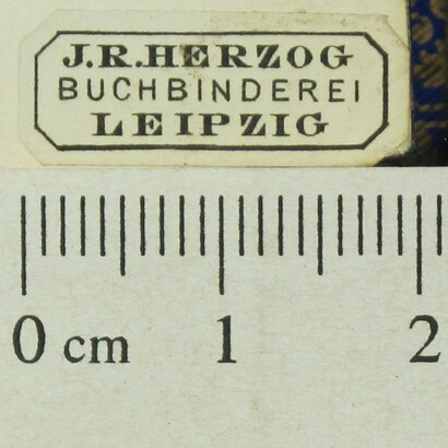Label from "JR Herzog in Leipzig, bookbinder" with scale for provenance research of the Joint Library Network