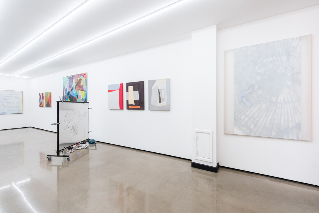 Martine Poppe, Analogical Change (Two Figures Documented From Above), Oil On Polyester Restoration Fabric, 160x120cm (2014)
