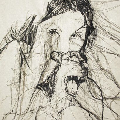 Lucia Bubilda Nanni, Rosa da Lima, trittico, 2017, canapa intelata lavorata a macchina da cucire, cm. 150x320, particolare #1, ph. Miriam Dessì