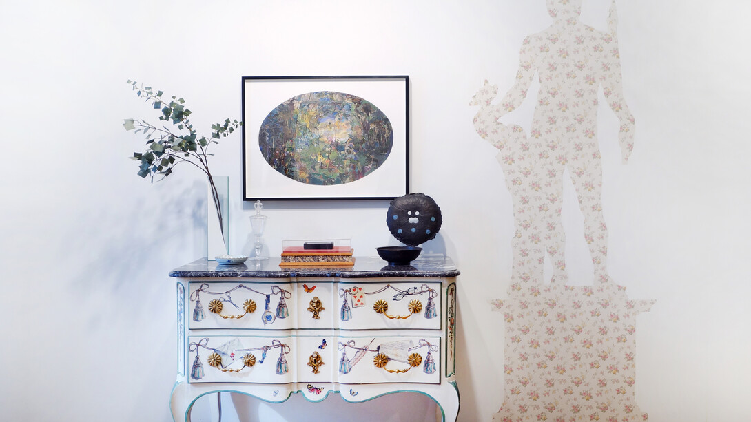 Curated in collaboration with Liz O'Brien: 1. Maison Jansen, Two-drawer breakfront commode, c. 1940; 2. Jane Benson, Faux Faux (Square and Curve), 2014; 3. Don Joint, Untitled, 1990; 4. Kuehne/Klein, Oeil de Boeuf Jungle, 2012; 5. Joseph Cornell (1903-1972), Untitled (Pocket Object with White Bird), 1936; 6. Robert Courtright (1926-2012), Bronze Mask (Blue Dots), N.D.; 7. Gary Carsley, Neptune, Jardin Chateau du Versailles, 2014  