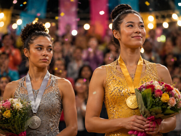 A silver medallist watching the gold winner with envy, representing the feeling of falling short despite success