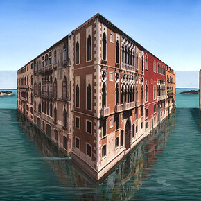 Patrick Hughes, Venice Volumes, 2013, Oil and photographic collage on board construction, 28.5 x 75 cm