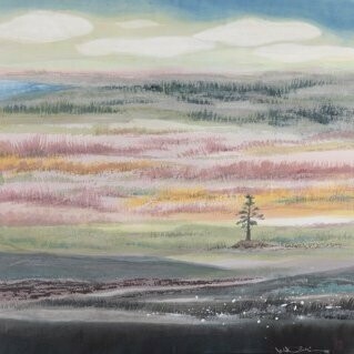 Minol Araki, Lone Tree, 2006,
Ink & color with gold & mica on paper, 34.62 x 34.62 in. Courtesy of the artist and LewAllen Galleries