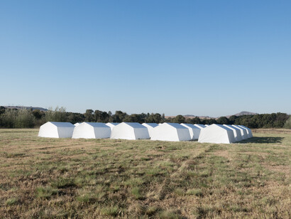 Michele Mathison, Refuge, 2014, Steel and woven plastic, 20 x 20 x 2m, Copyright Michele Mathison, Courtesy Tyburn Gallery
