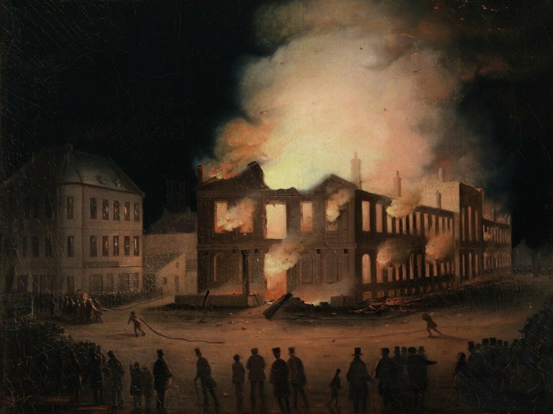 Formely attibuted to Joseph Légaré, The Burning of the Parliament Building in Montreal, 1849. M11588 © McCord Museum