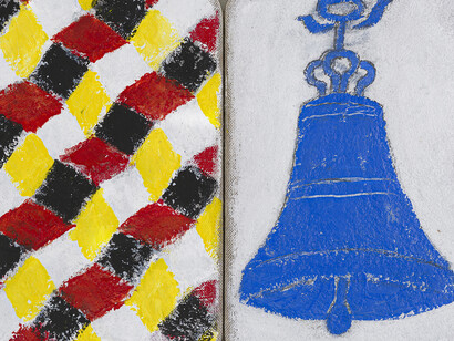 Joe Tilson, The Stones of Venice Campana di San Marco, Calle dei Fabbri Diptych, 2015, mixed media on canvas on wood panels, 23 x 30