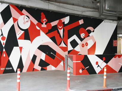 Various artists, Downtown. Illustrations at the Golda Parking Garage, exhibition view. Courtesy of Tel Aviv Museum of Art