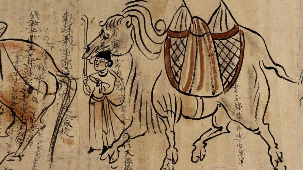 Sketch on paper of envoys with horse and camel, China, AD 966. Courtesy of the British Museum