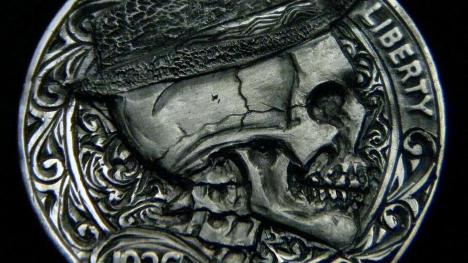Hobo Nickel Skull with Scrolls Full Horn Hand carved by Robert Morris OHNS