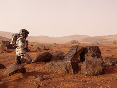 An astronaut standing on the rugged surface of Mars, the Red Planet