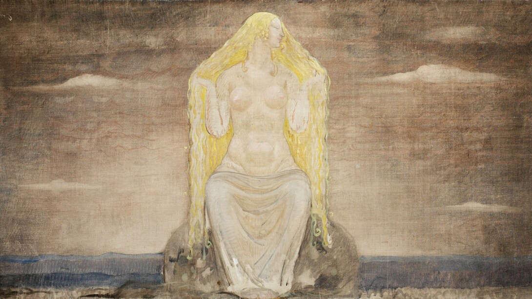 "Freja" (1905) por John Bauer. Na representação de John Bauer, Freja aparece como uma figura que une beleza, mistério e poder. Deusa do amor, da magia e da guerra, ela encarna um feminino que não precisa escolher entre desejo e força, pois encontra justamente nessa integração a sua potência