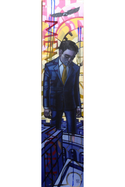 John Park, Refusal of the Call, Mixed media on wood panel, framed, 8″ x 36″