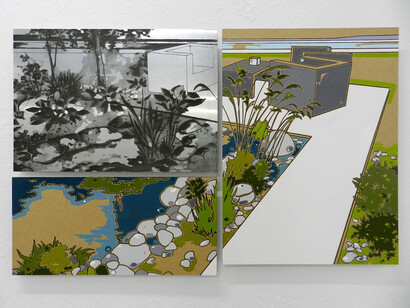 Guido Bagini, Technogreen 003, 2014 enamel on cardboard and zinc polished on dibond 60 x 93 cm