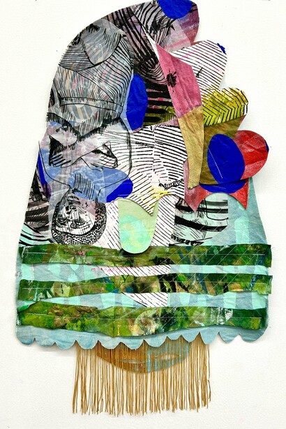 Jackie Milad, Shabti Revealed, 2024, 28 x 17 inches / 71 x 43 cm, mixed-media on hand dyed canvas collage. Courtesy of the artist and Pentimenti Gallery