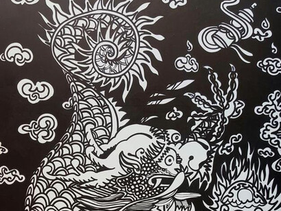 Pure Evil, Water Dragon 2015 (detail), Spray and Ink on Canvas, 60” x 96”, Copyright Pure Evil
