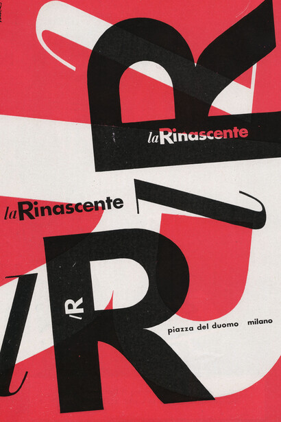 Max Huber, l R – la Rinascente, 1951, pagina pubblicitaria, 29,3 x 20,3 cm, stampa Archivio Max Huber