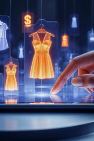 Holographic dresses float above a screen as a user taps to shop, capturing the futuristic shift toward immersive and personalized retail experiences
