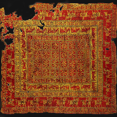 Pazyryk Carpet, circa 5th–4th century BCE, excavated in the Pazyryk Valley and now held at the State Hermitage Museum in St. Petersburg